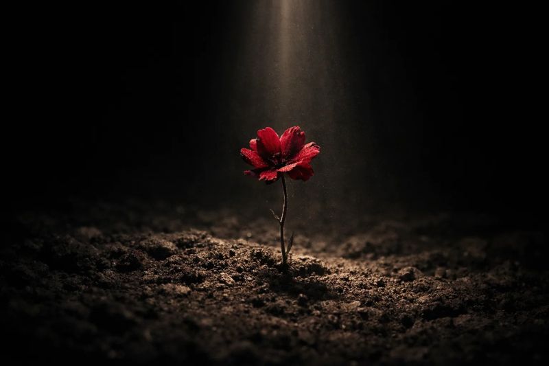 Une fleur rouge poussant seule dans la terre sombre, sous un rai de lumière