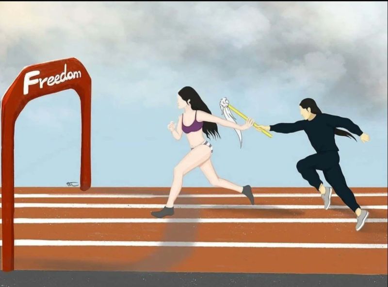Dessin : une femme court vers une arche marquée « Freedom », poursuivie par un homme en noir