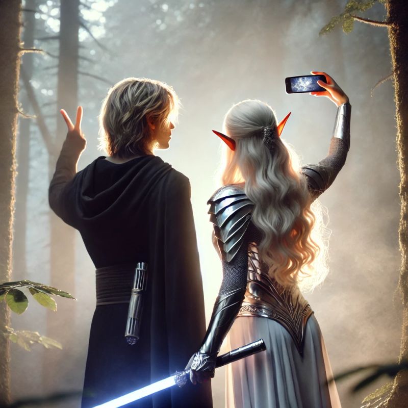 Un Jedi et une elfe de dos prenant un selfie dans une forêt brumeuse