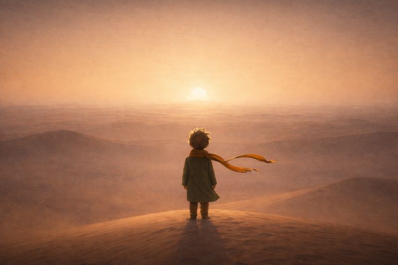 Un enfant à l’écharpe jaune, seul face au soleil couchant dans le désert