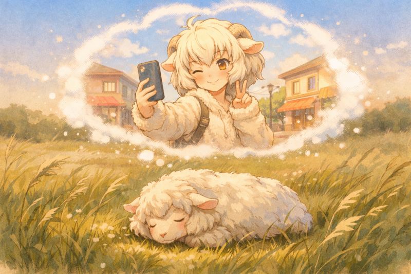 Aquarelle : un mouton endormi dans l’herbe rêve qu’il prend un selfie en ville