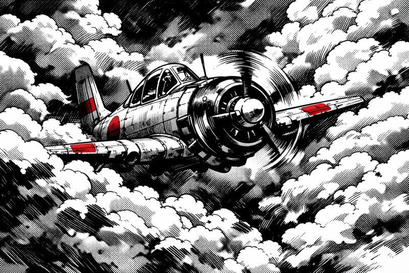 Un bombardier de la Seconde Guerre mondiale dans les nuages, dessin noir et rouge