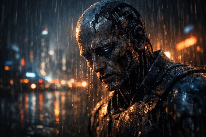 Un androïde au visage craquelé sous la pluie, dans une ville nocturne