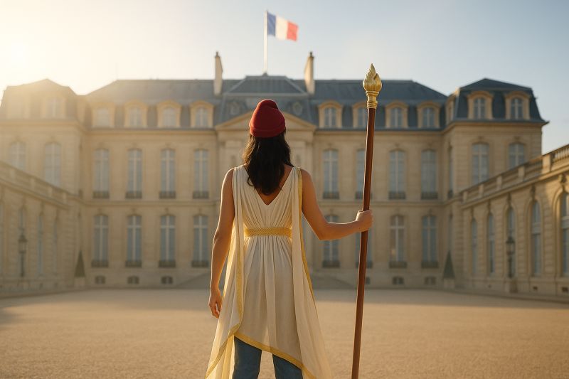 Une Marianne coiffée du bonnet phrygien, de dos, face au palais de l’Élysée